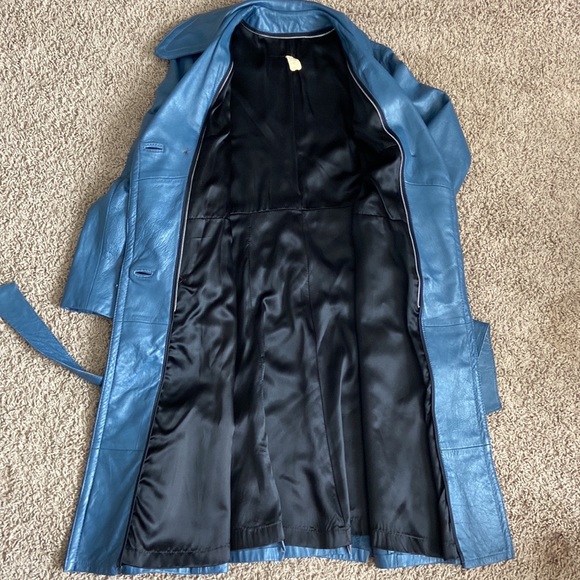 Vintage leather dress coat double breasted with belt steel blue size 12-14 - Picture 6 of 13